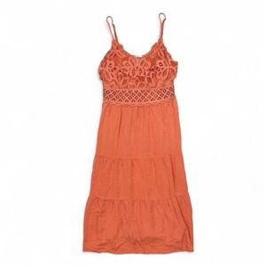 Dokuritu‎ Peachy Orange Crochet Lace Maxi Dress Women's Medium Tiered Boho Beach